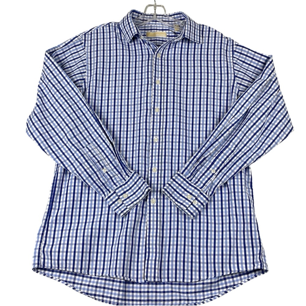 Men's Michael Kors 100% Cotton Blue & White Plaid Long Sleeve Button Down 0023 - Picture 2 of 8